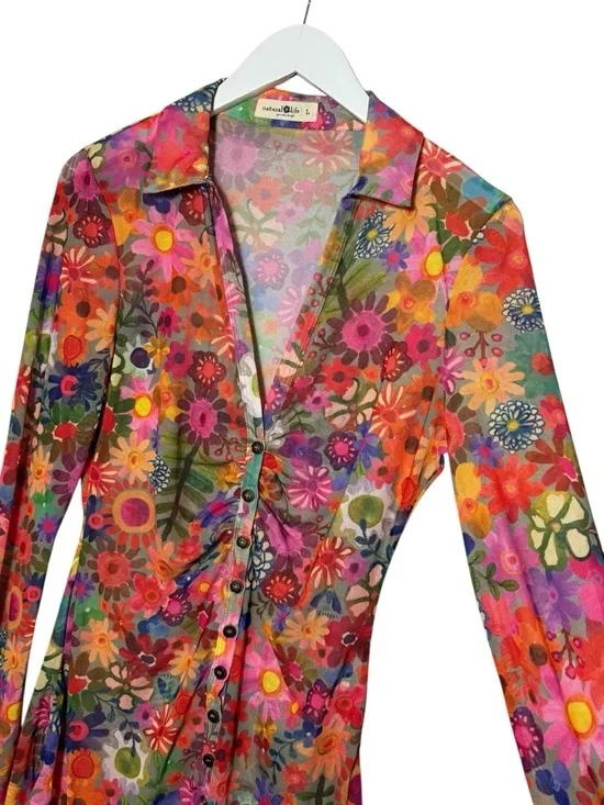 Natural Life Carina Mesh Top Bright Red Pink Floral Size XL - Picture 6 of 10